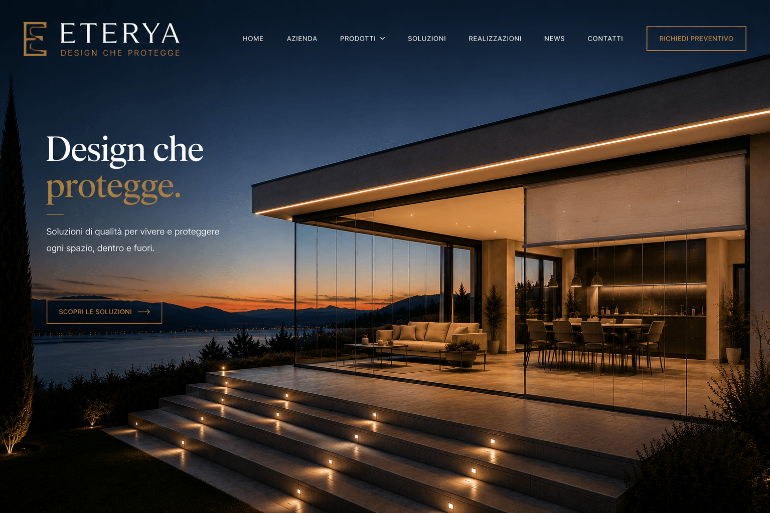 Architettura Eterya con sistemi integrati al tramonto
